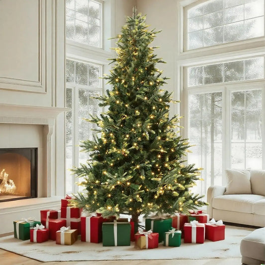 🎄 Pre-Lit Green PVC Artificial Christmas Tree in 4.5 ft, 7.5 ft, or 9 ft with Warm White Lights for Home 🏠 and Office Decor. ✨